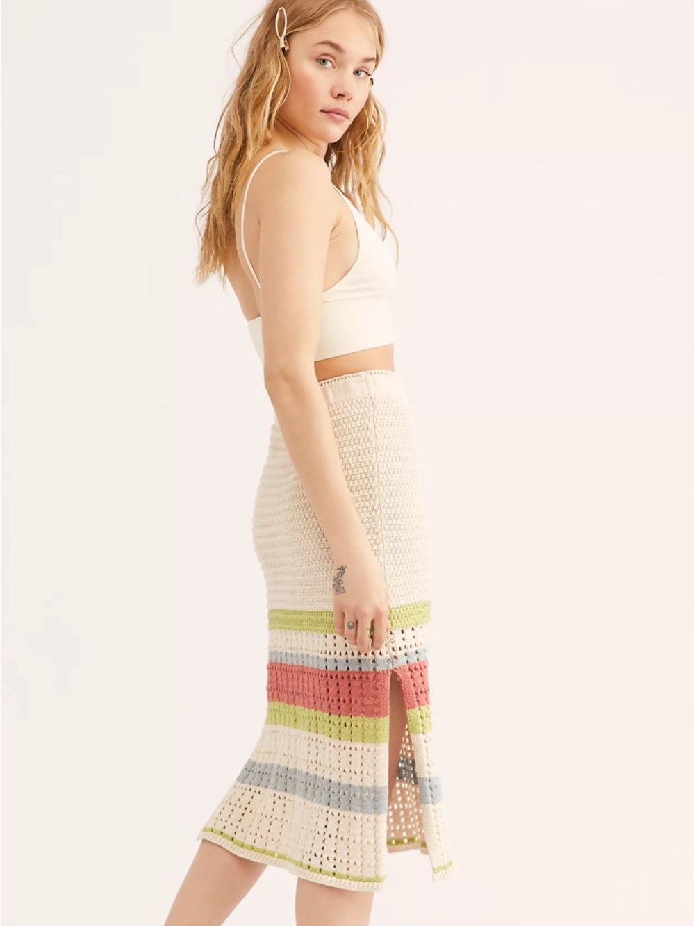 Free People |  Crocheted Multicolor Stripes Far From Here Midi Skirt